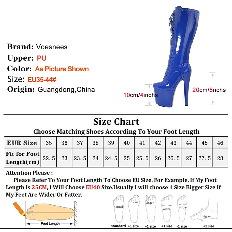Extreme high heel 20CM/8Inch With Platform Black Lace up Knee Boots Women Sexy Fetish High Boots Pole Dance Shoes Big Size 43 44