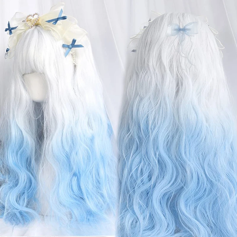 LUPU Lolita Wig Cosplay Wig With Curly Hair, White+Blue Gradient Sweet Harajuku Kawaii Women's Wig
