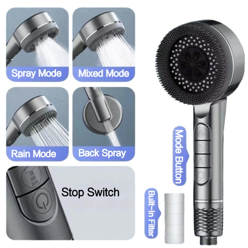 Massage Shower Head Adjustable 4 Mode One Key Stop Bathroom Filter High-pressure Water-saving Shower Mixer Nozzles Accessories 2