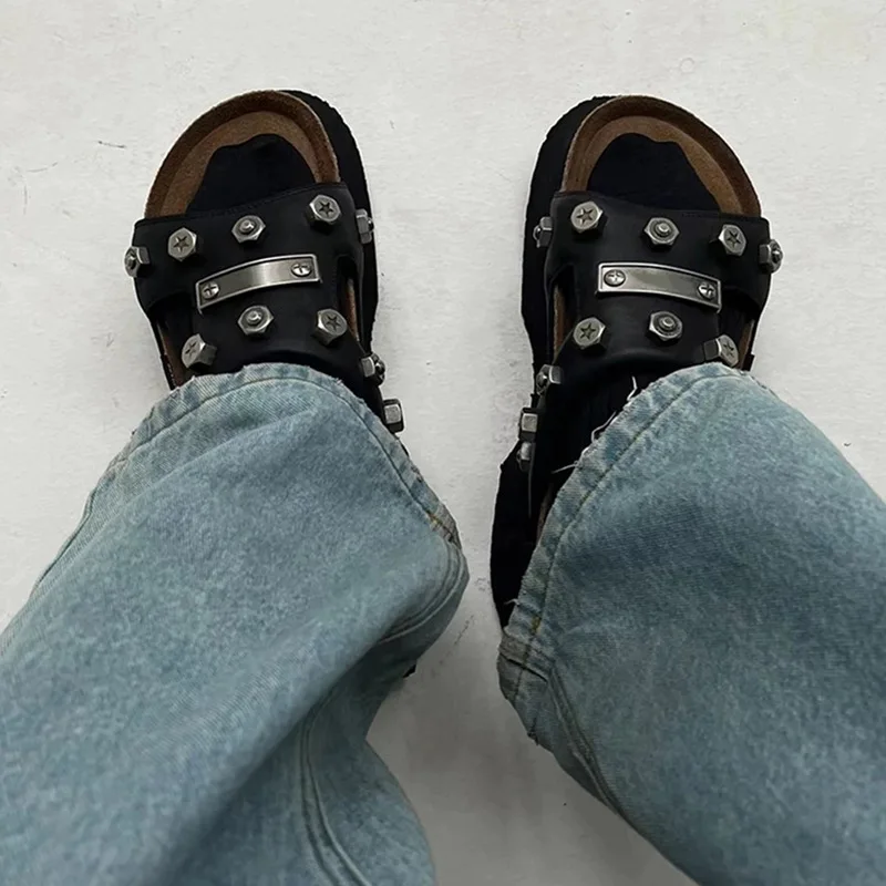 Niche Functional Sense Rivet One-Word Slippers Women's Summer Thick-Soled Leather Outerwear Half-Slippers Sandals Women's Shoes