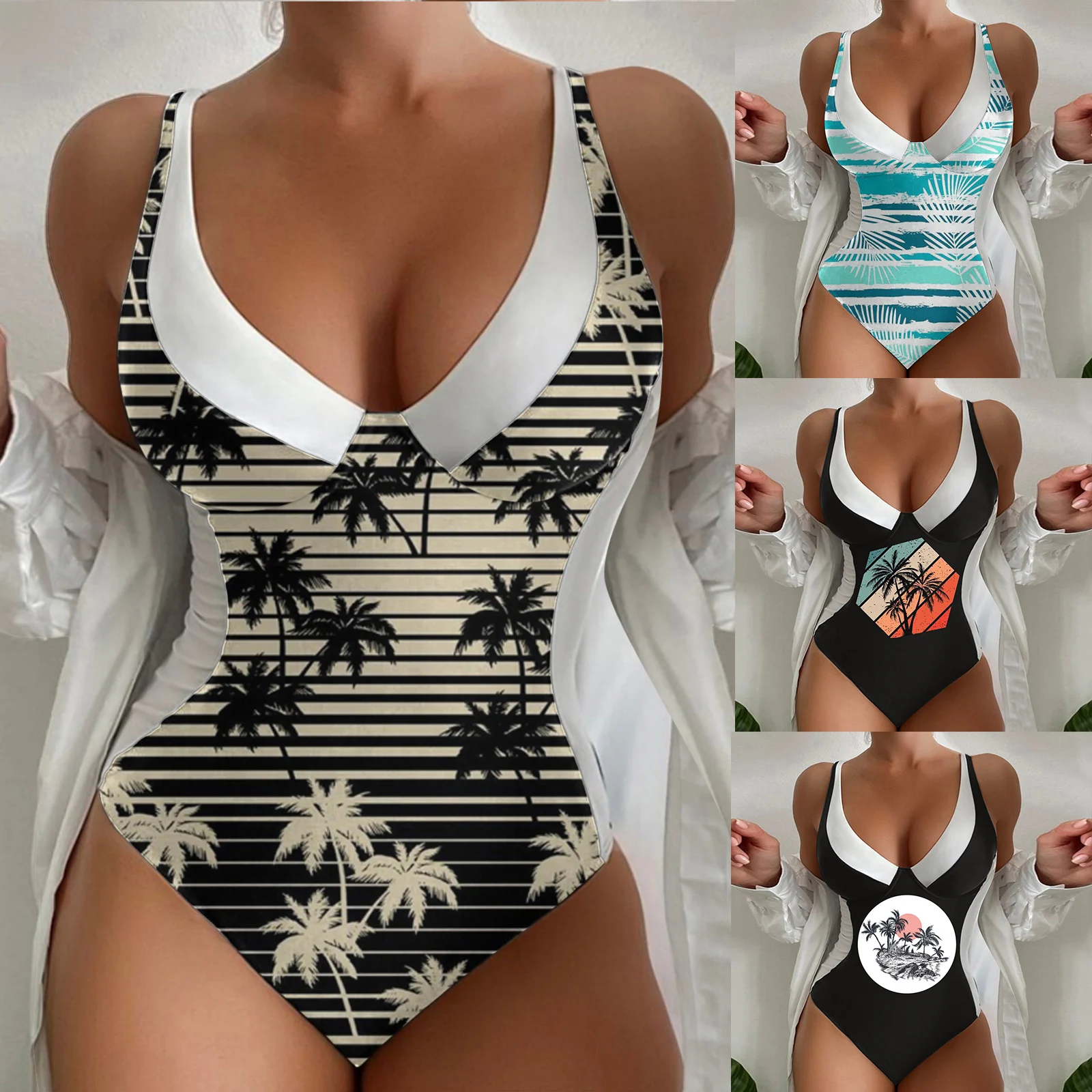 

Women Printi Swimsuits Monokini Bathing Suits V Neck pool vacation Beach Swimwear for women Vintage Swimwear Solid Swimsuit