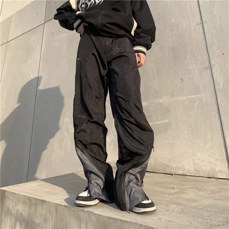 Mens High Street Loose Pants Casual Zipper Open Patchwork Straight Trousers Pants Hip Hop New Fashion Streetwear Jogging Pants