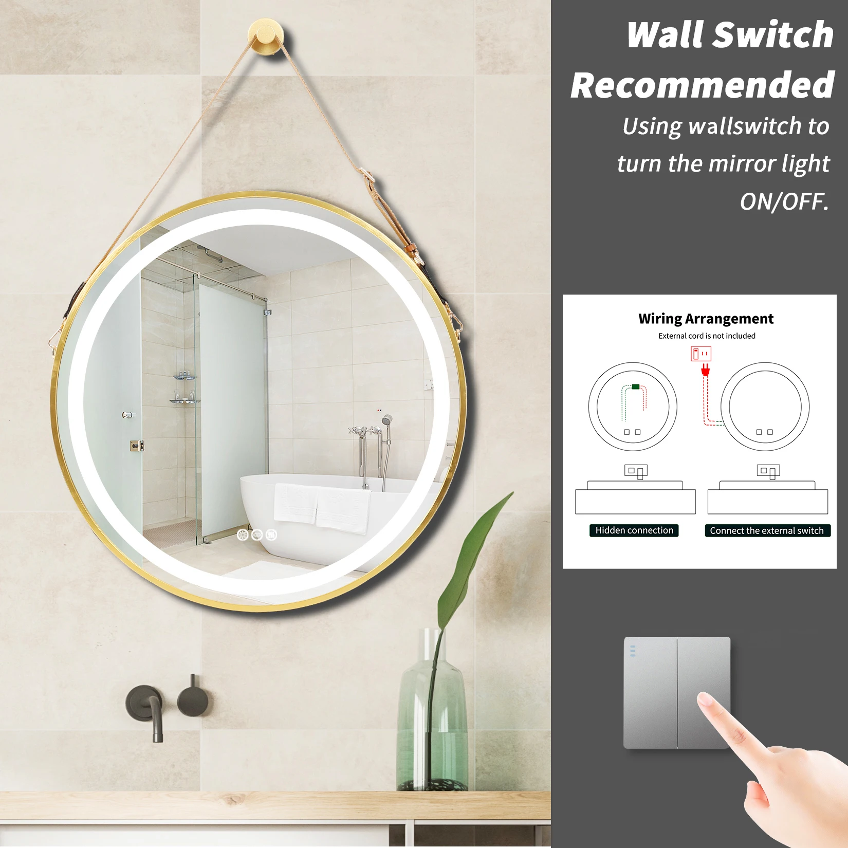Round LED Illuminated Bathroom Mirror Hanging Wall Vanity Mirror Demister Dimmable Aluminum Fram HD Glass 6