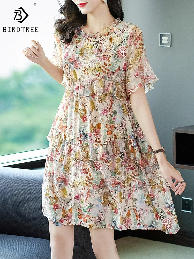 

Birdtree 100%Mulberry Silk Summer Dress Women New Short Sleeve Floral Dresses 2023 Elegant Dresses for Women Clothing D37465QM