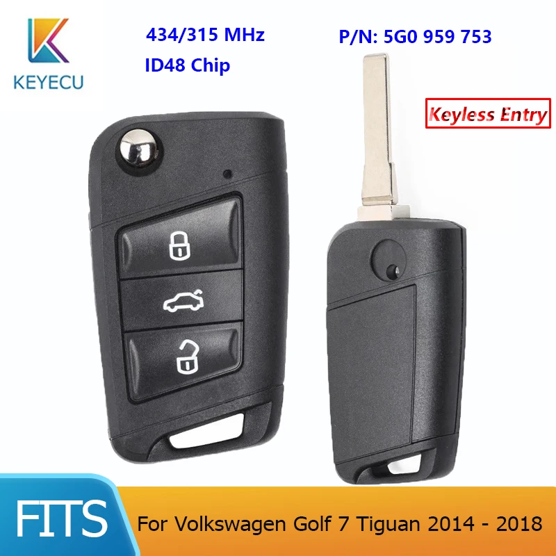 

KEYECU 315 МГц/434 МГц ID48 для Volkswagen Golf 7 Tiguan, PN: 5G0 959 753, 5G0959753, без ключа-Go, строя MQB