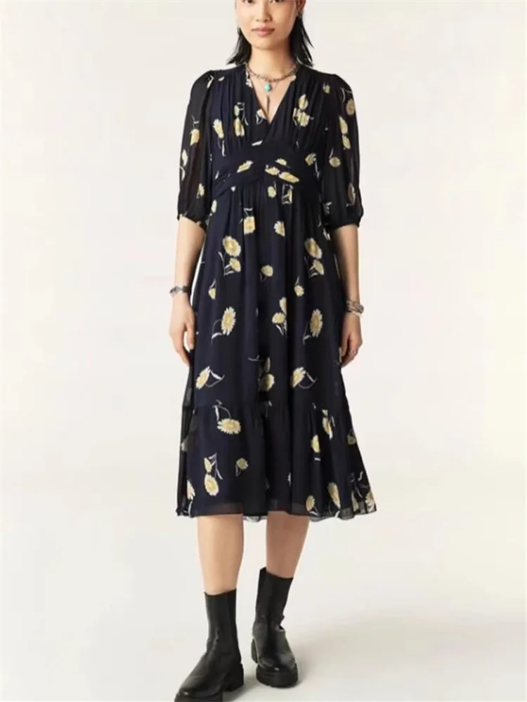 

Slim Waist Midi Dress Women Floral Print V-Neck Half Sleeve Ladies Ruffles Trim Long Robe for 2024 New Holiday Style