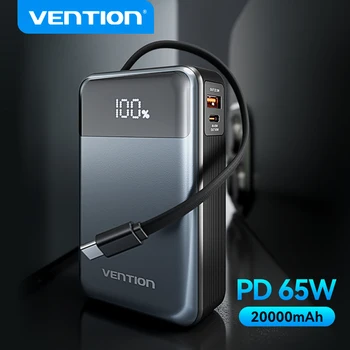 Vention 65W Portable Power Bank 20000mAh PD Fast Charging with Built-in USB Type-C Cable for Laptops iPhone 16 15 14 13 Pro Max 1
