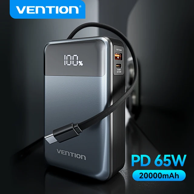 Vention 65W Portable Power Bank 20000mAh PD Fast Charging with Built-in USB Type-C Cable for Laptops iPhone 16 15 14 13 Pro Max 1