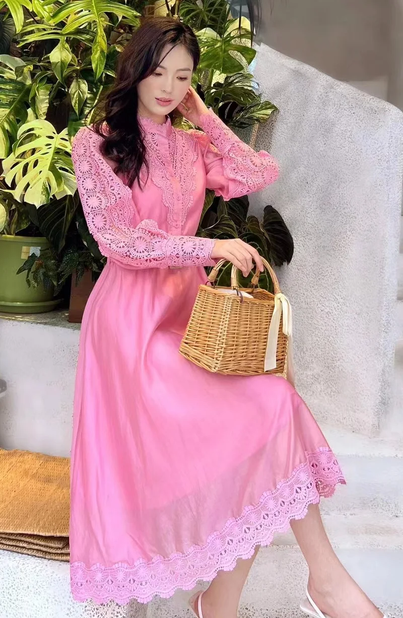 Top Quality New 2024 Spring Dress Women Lace Embroidery Belt Deco 