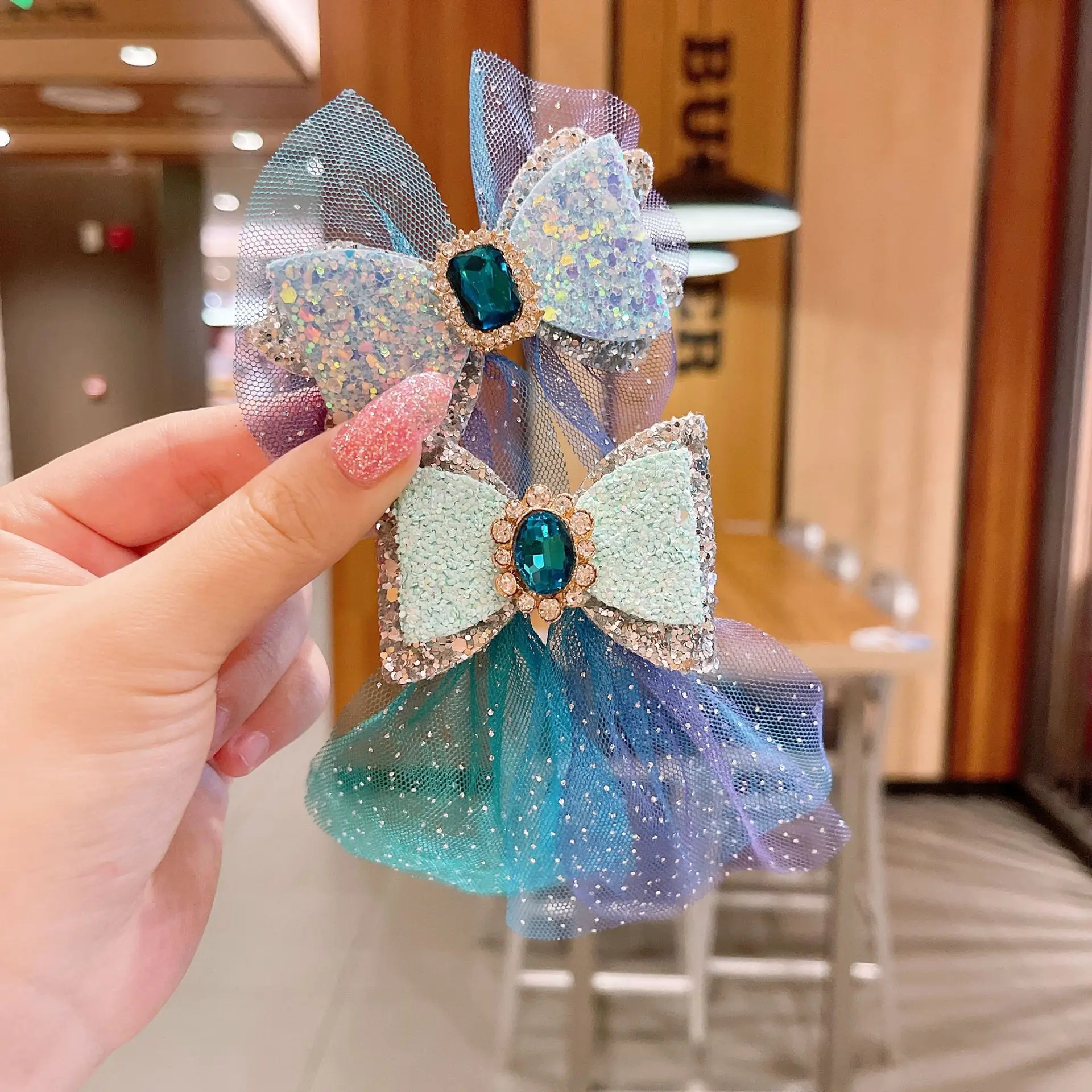 New Korean Style Princess Girls Hair Clips Cartoon Snowflake Bow Paillette Mesh Ribbon Hairpins for Children Accessories