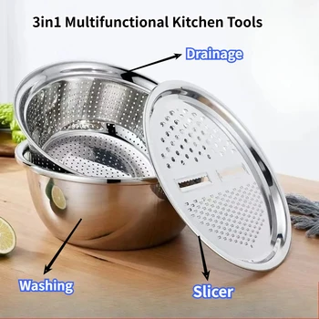 3 in 1 Vegetable Washing Basket, Vegetable Slicer Grater, Potato Slicer, Stainless Steel Strainer, Multifunctional Kitchen Tools