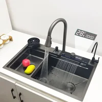 Waterfall Kitchen Sink 304 Stainless Steel Sink Large Single basin With Multifunction LED Waterfall Faucet Above Counter Cuisine 1