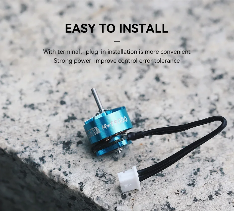 Détail du Moteur Brushless T-MOTOR M0703 KV19000 65-75mm pour Tiny Whoop Course FPV, avec connecteurs et fils.