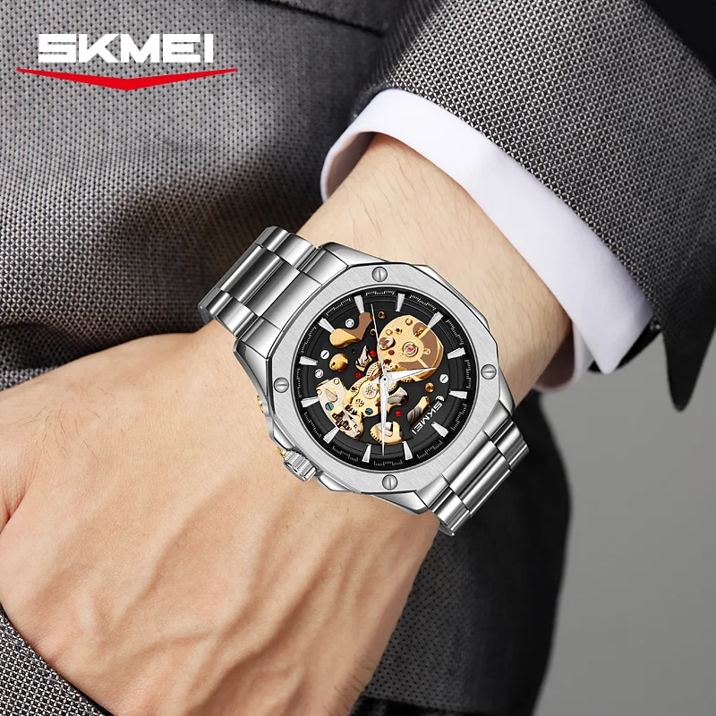 SKMEI 9378 Fashion Retro Men's Automatic Mechanical Watch Hollow Skeleton Dial Waterproof Luxury Business Watch Reloj Hombre - 6