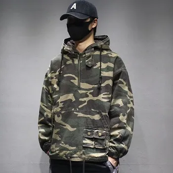 남성용 카고 후드 코트, 일본 위장 재킷, 레트로 트렌드, 느슨한 바람막이 후드, 지퍼 풀오버, 녹색 군사 교복