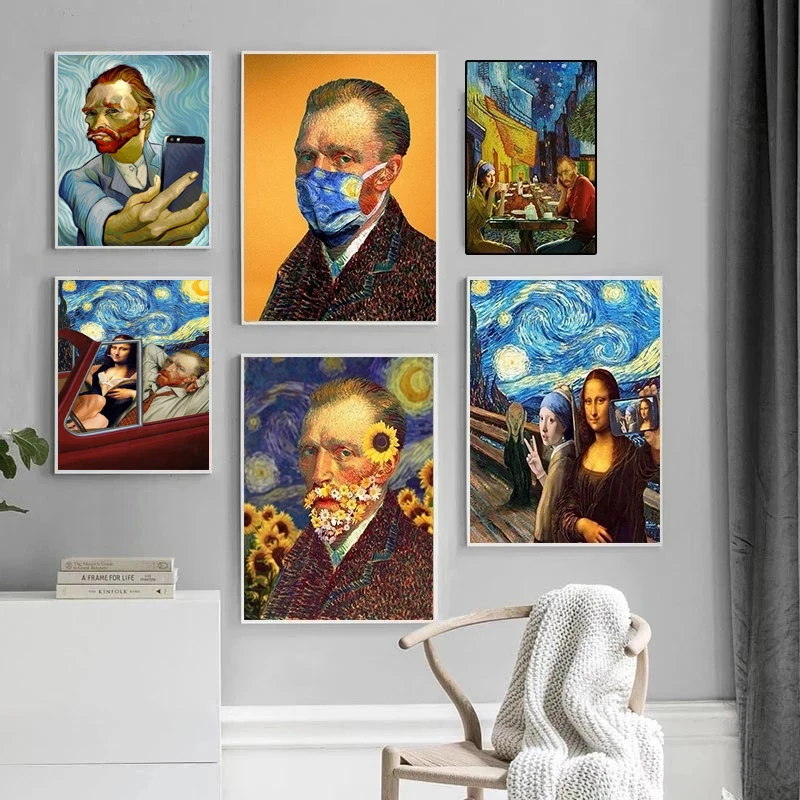 

Funny Art Canvas Art Paintings Van Gogh Mona Lisa Poster and Print Abstract Wall Art Picture for Living Room Home Decoration