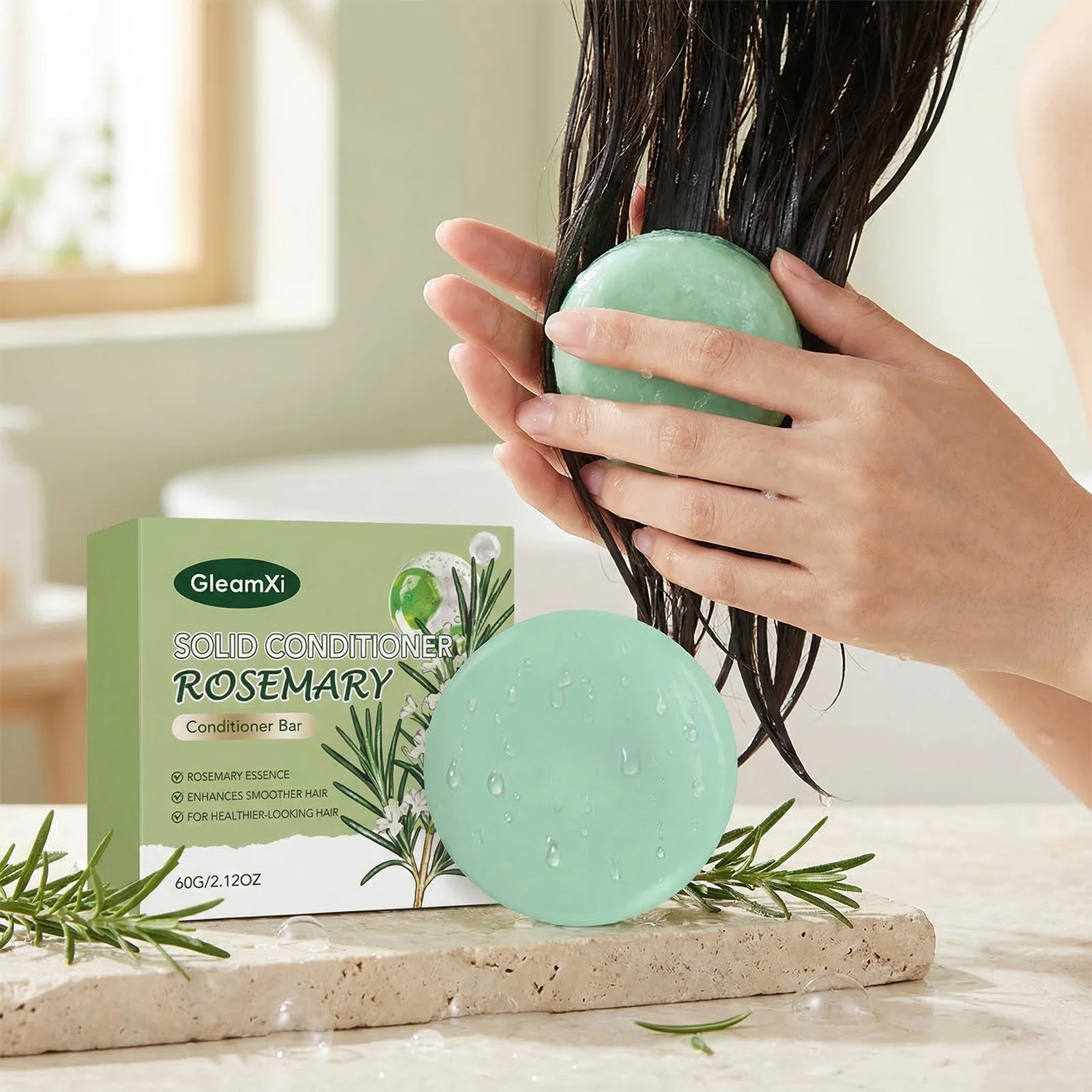 Gleamxi Rosemary Solid Conditioner Bar Smoother Shinier Hair Anti-Frizz Repairing Dry Damaged Natural Travel-Friendly Hair Care