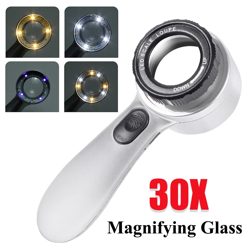 

30X Handheld Magnifier USB Rechargeable LED Illuminated Lighted Magnifying Glass For Coins Stamps Kids Seniors Reading