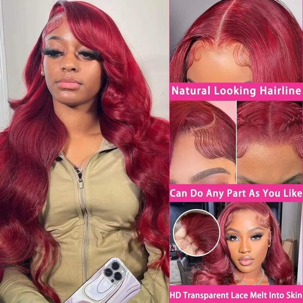 220 Density 99J Burgunderrote 13x4 Lace-Front-Perücke aus Echthaar, 13x6 Body Wave HD Lace Frontal Perücken aus Echthaar, vorgezupfte Perücke für Damen – Detail 3