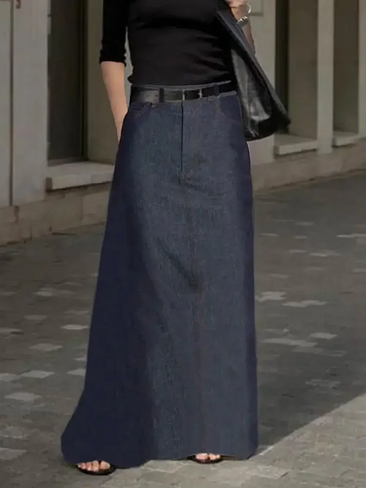 Bonboho 2025 Summer New Women's Denim Half Skirt Zippered High Waist Pockets A-Line Ankle-Length Skirts Casual Commuter Bottoms