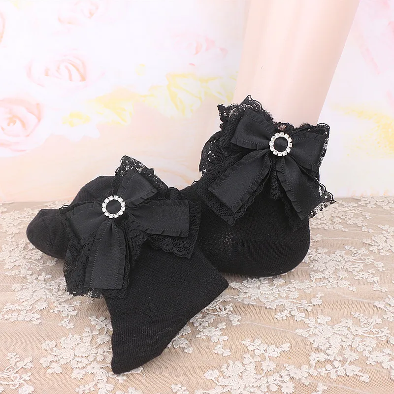 2023 New Beads Japanese Style Sweet and Cute Lace Socks Bow Rhinestone Buckle Socks for Women Fashion Soft Girl Socks