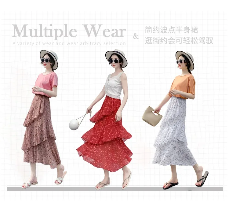 Summer Skirts Womens 2022 New Polka Dots Floral Print Chiffon Pleated Skirt Irregular Cake Skirt Casual Midi Skirt Women Clothes hoop skirt