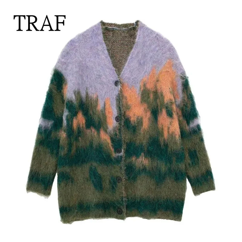 

TRAF 2023 Print Cardigan Sweater Women Autumn Winter Oversized Cardigan For Women Jacket Loose Long Sleeve Knit Jacket Woman Top