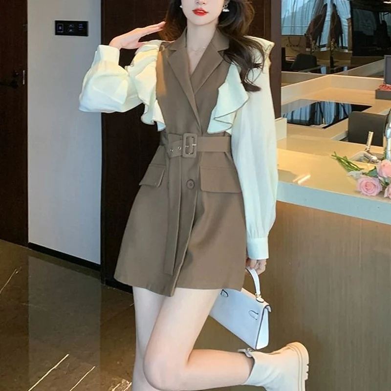 

Spring Autumn New Contrast Color Fashion Long Sleeve Mini Dress Women High Street Casual Slim Button Ruffles Patchwork Dresses