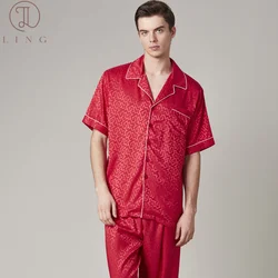 Ling Silk Satin Mens Pajama Sets Two Piece Half Sleeve Men's Sleep Lounge Sleepwear Sets Spring New Silk M-XXL Size