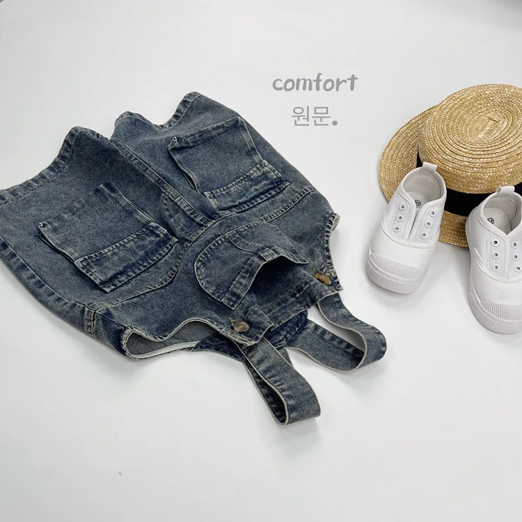2025 Summer New Vintage Girls Overalls Kids Boys Pocket Denim Strap Pants Children Jeans Shorts Fashion Baby Clothes