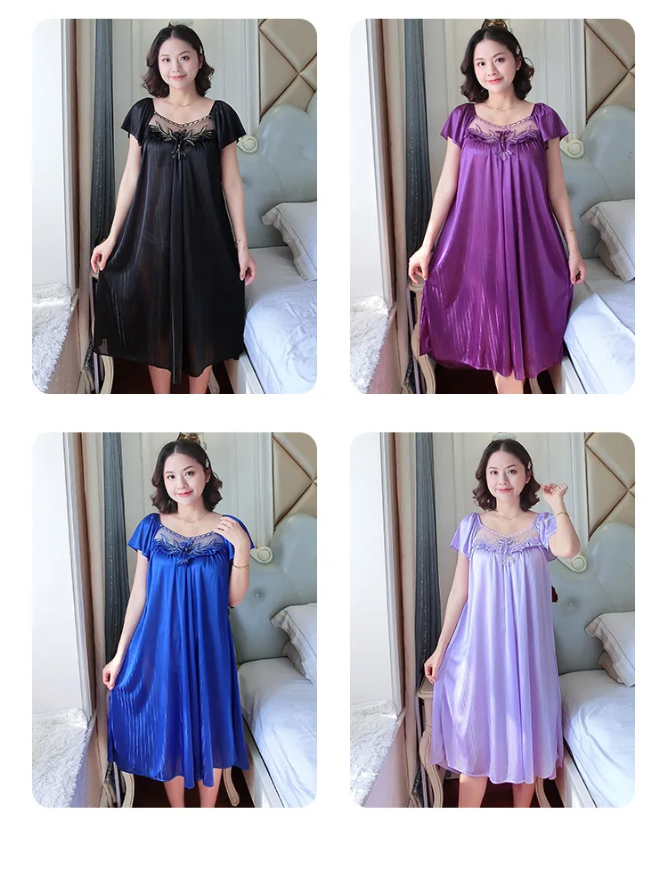 Ladies Nightdress Sexy Ice Lace Large Size Solid Color Flower Pajamas Thin Short-sleeved Lace Skirt Night Dress Women Dress
