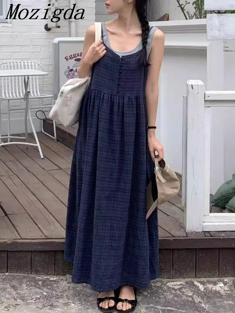 

Summer Plaid Striped Print Sleeveless Slip Dress Women Korea Loose Ruffle Pleated Fashion Ladies Dresses Casual Woman Long Dress