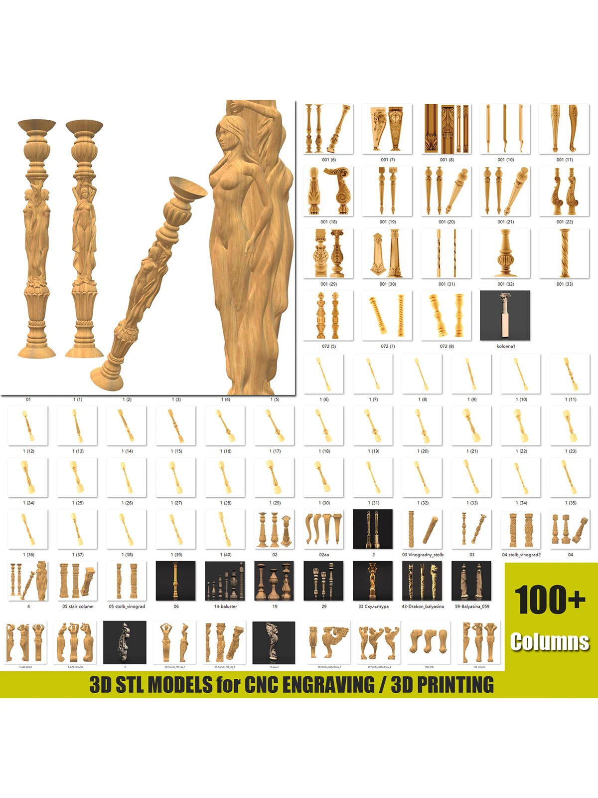 100+ 3D Model STL File Pillar Stair Column Bundle for 3D Printing, CNC Router Engraving Support ZBrush Artcam Aspire Cut3d best wood router Woodworking Machinery