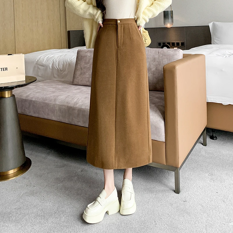 

New Autumn Winter Woolen Womens Skirts Fashion High Waist A-line Long Skirt Korean Ladies Elegant Wool Skirts
