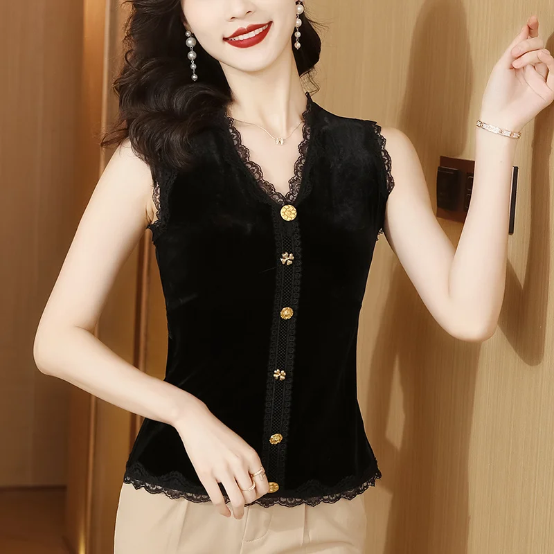 

#1248 Black Lace V-neck Short Velvet Tank Tops Tee Women Buttons Sexy Office Tank Top Hollow Out Tight Tops Sleeveless Summer