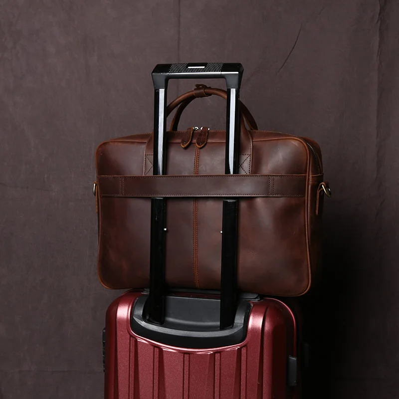 NZPJ Vintage Men's Leather Briefcase Casual Crazy Horse Leather Handbag Large Capacity Natural Cowhide Crossbody Computer Bag