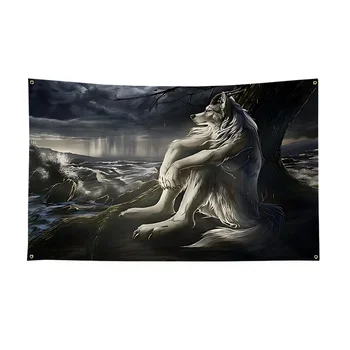 Emo White Wolf Sitting Meme Halloween World Flags for Bedrooms Garden Flag to Hang Pride Outdoor Decors Flags and Banners Beer 1