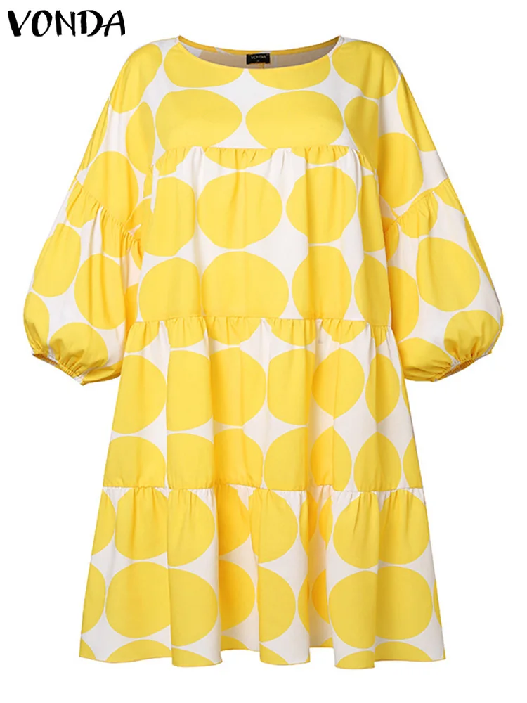 Plus Size 5XL VONDA Casual Dot Point Bohemian Dress Women Sexy Mini Sundress Summer 3/4 Lantern Sleeve Loose Ruffled Party Robe