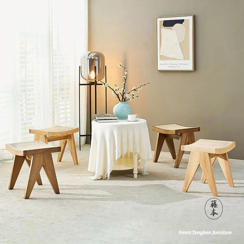 

Solid wood rattan stool Chandigarh log vintage