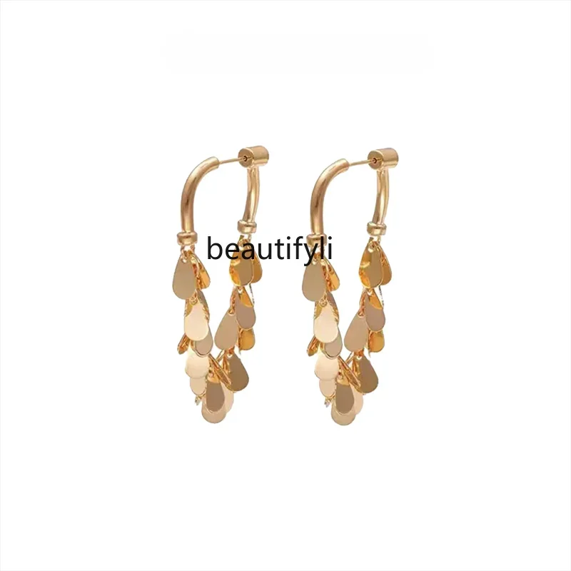 

yj High-Grade Metal Sequins Tassel Earrings for Women Light Luxury Temperament Fashion All-Matching