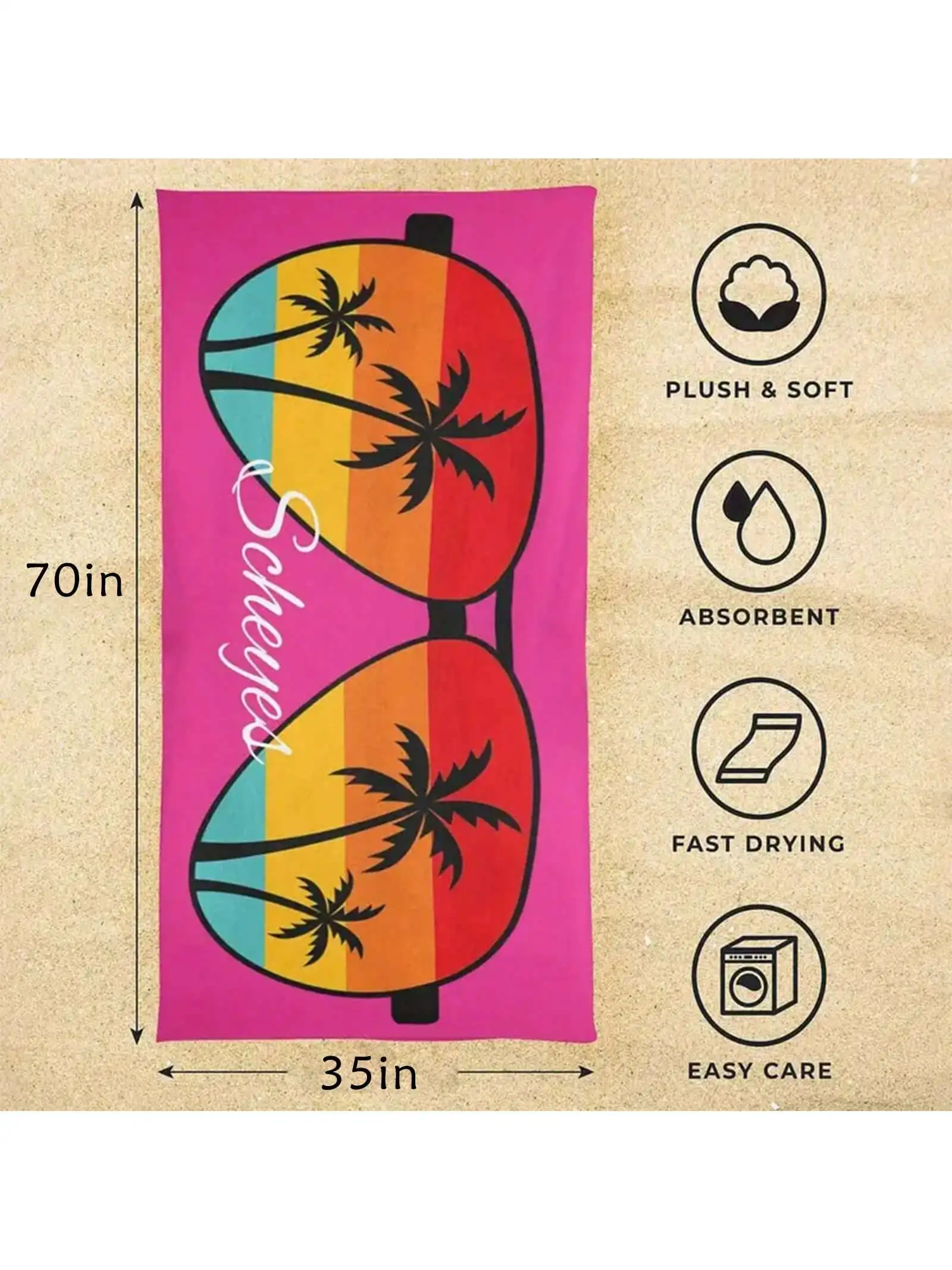 Bohemian Style Customizable Beach Towel with Unique Glasses And Palm Tree Design for Beaches Pools And Travel Picnics