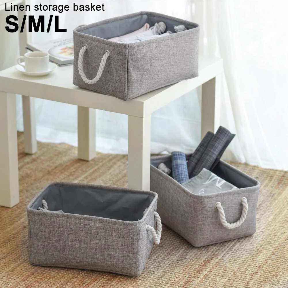 Grey Flax Canvas Folding Storage Baskets for Kids Toys and Laundry