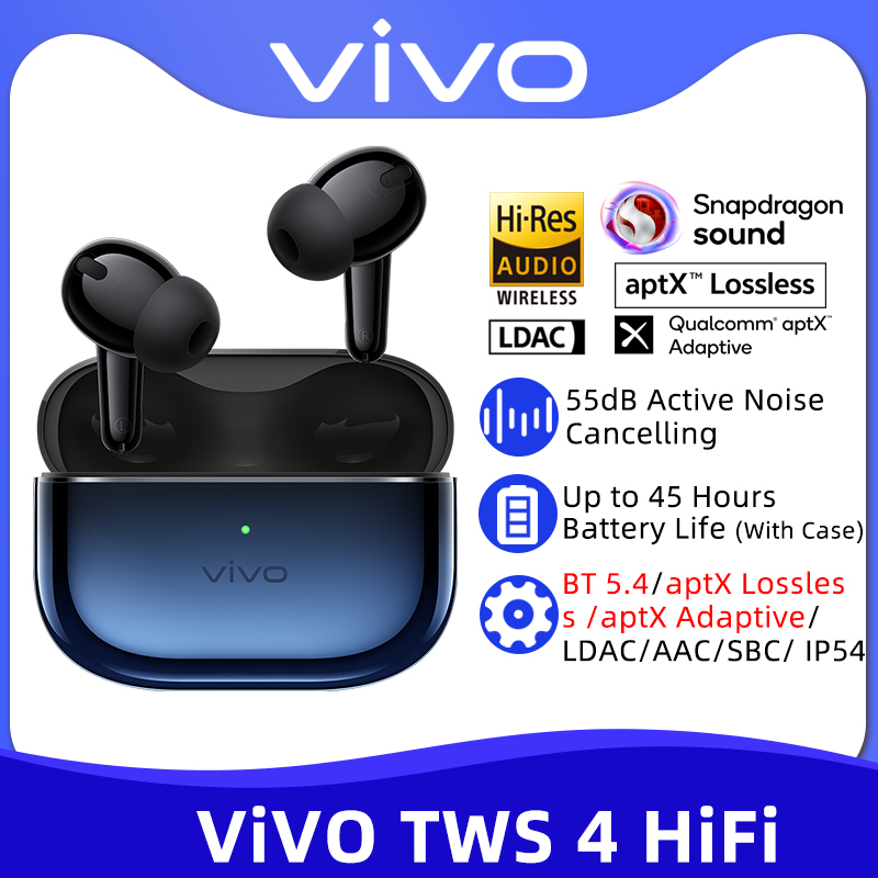 VIVO TWS 4 HiFi True Wireless Earphone 55dB Active Noise Cancelling LDAC TWS Earphone Bluetooth 5.4 aptX Lossless LDAC IP54
