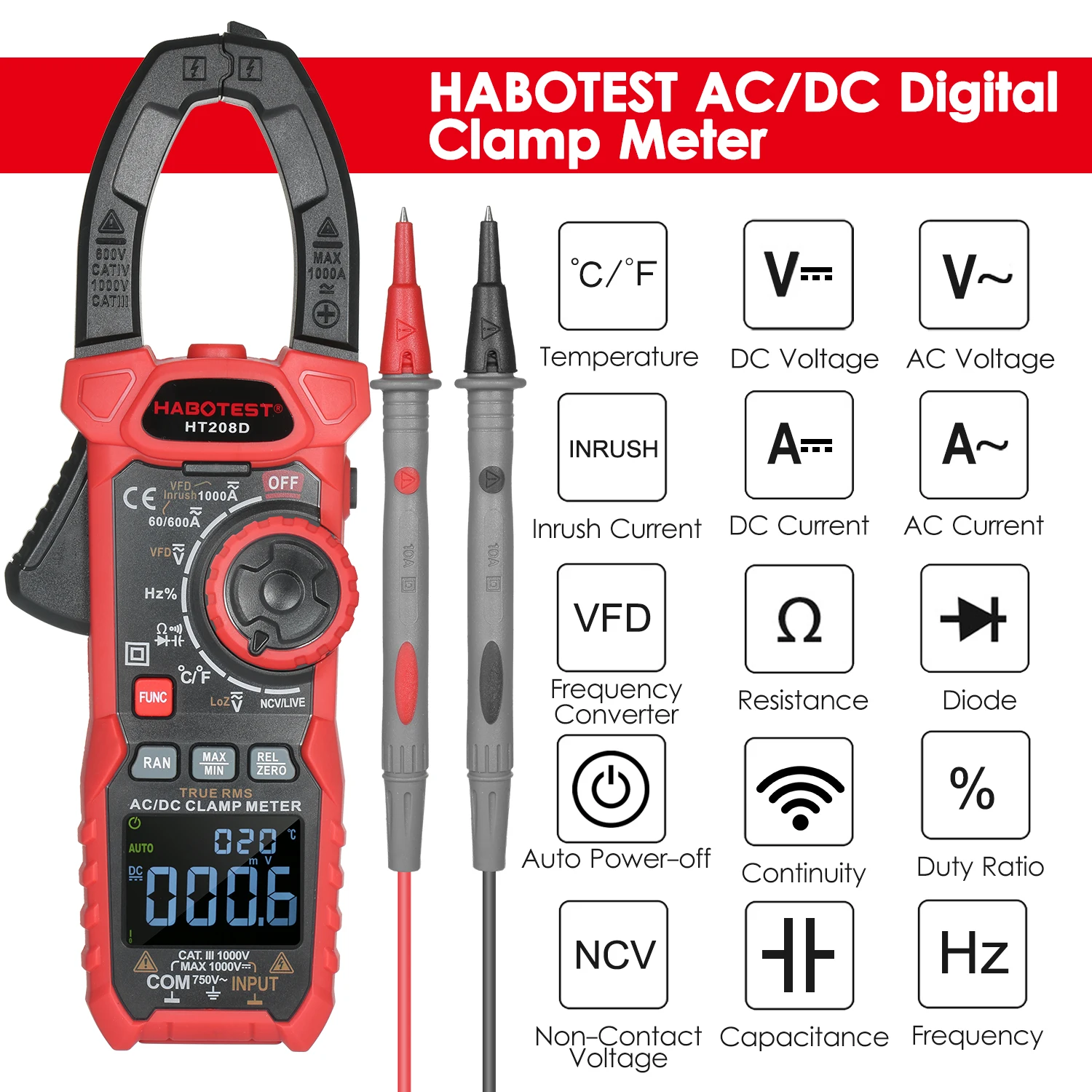 

HABOTEST HT208D AC/DC Digital Clamp Meter True-RMS Multimeter Anto-Ranging Multi Tester Current Clamp Digital Ammeter Clamp