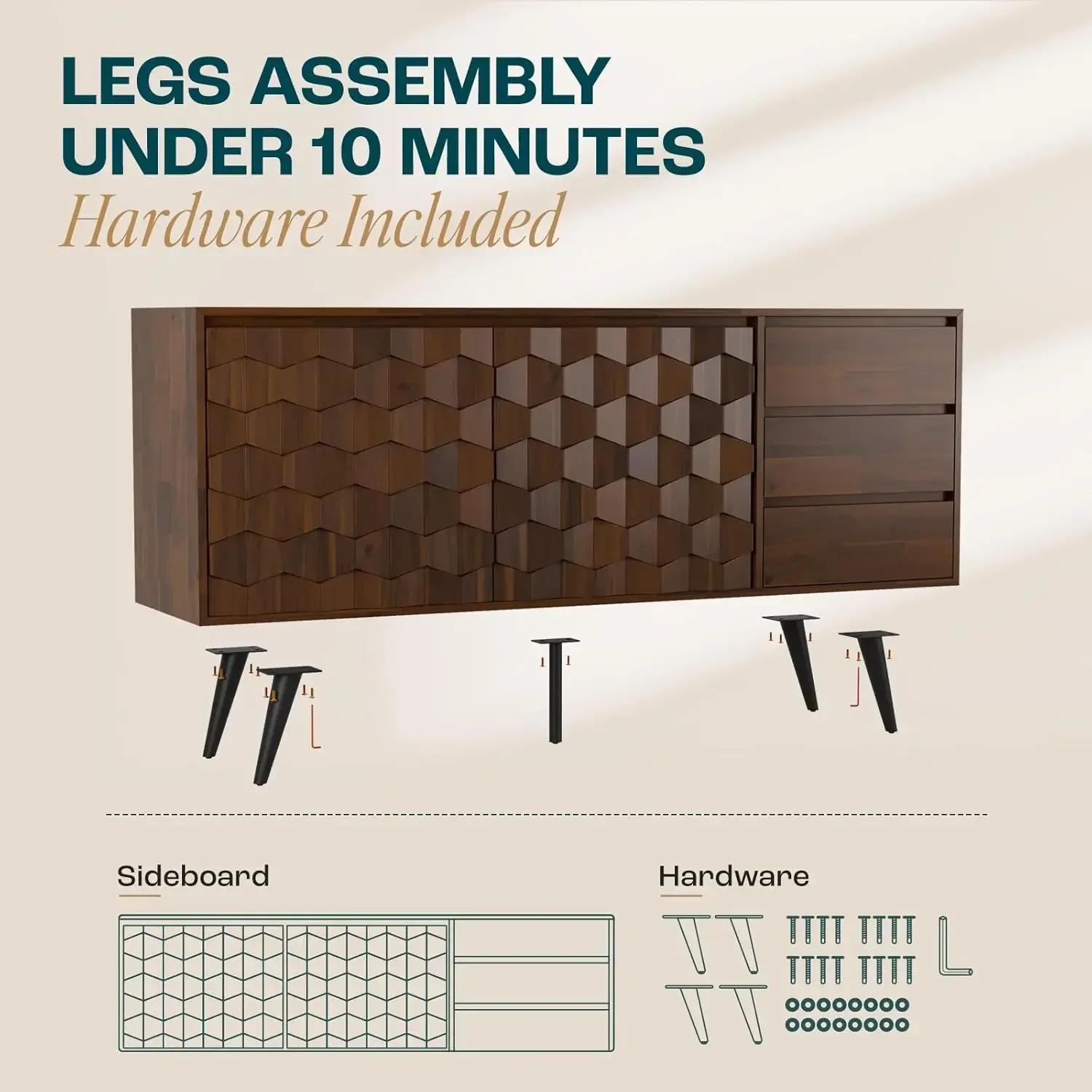 Sideboard Georgina Solid Wood 2 Doors & 3 Drawers, Cabinet with Geometric Pattern for Kitchen, Dining, Living Room