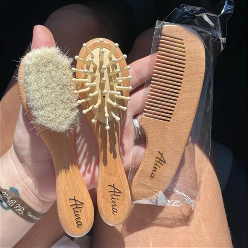 Baby Hairbrush and Comb Set, 3 Piece Wooden