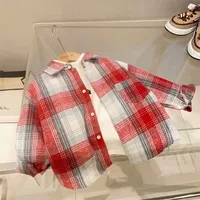 Vêtements d'automne pour enfants, filles et garçons, chemise à revers rétro décontractée, manches longues, hauts à simple boutonnage, chemisiers à carreaux 5