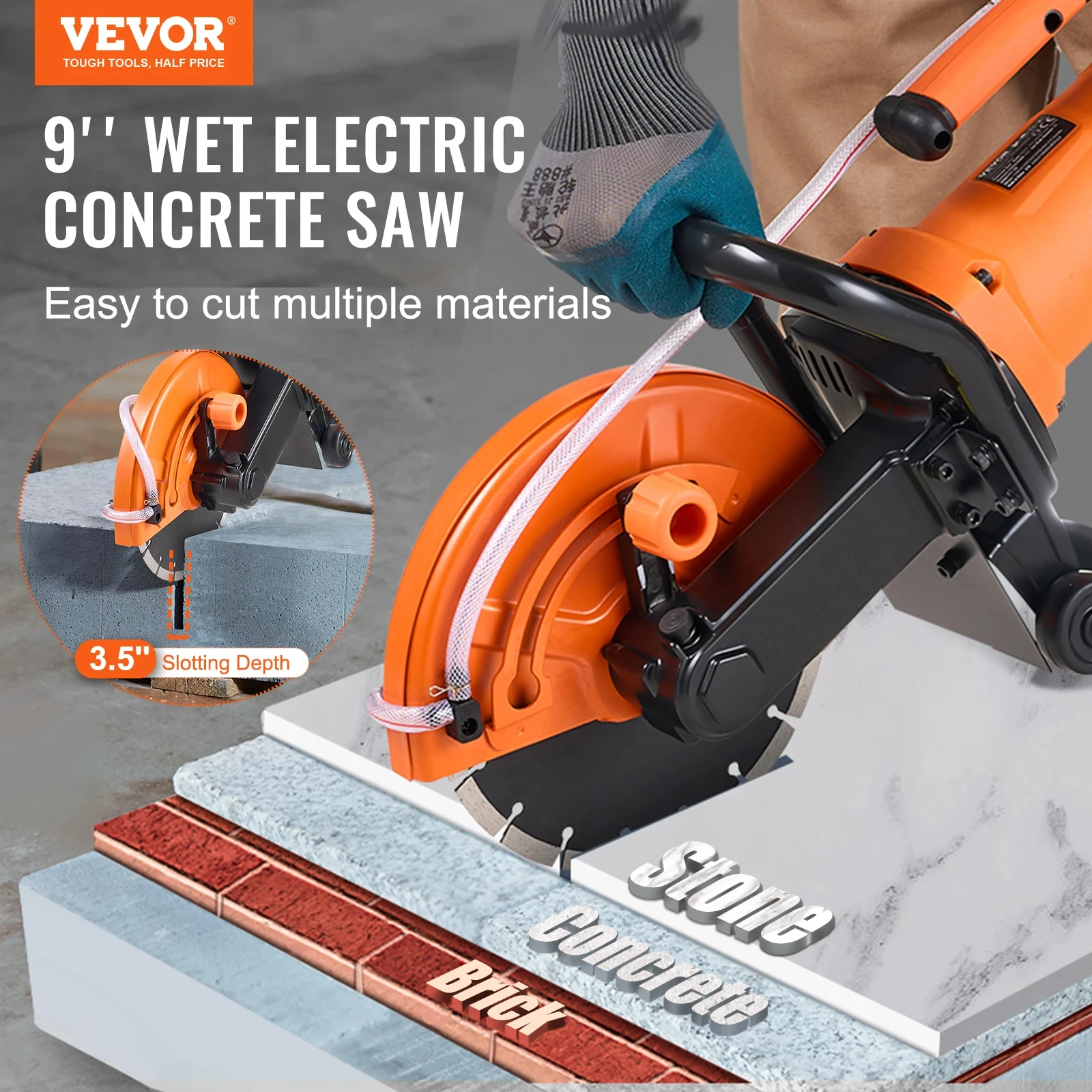 VEVOR Electric Concrete Saw 9 in 1800W 15A Motor Circular Saw Cutter with 3.5 in Cutting Depth Wet/Dry Disk Cutter for Stone