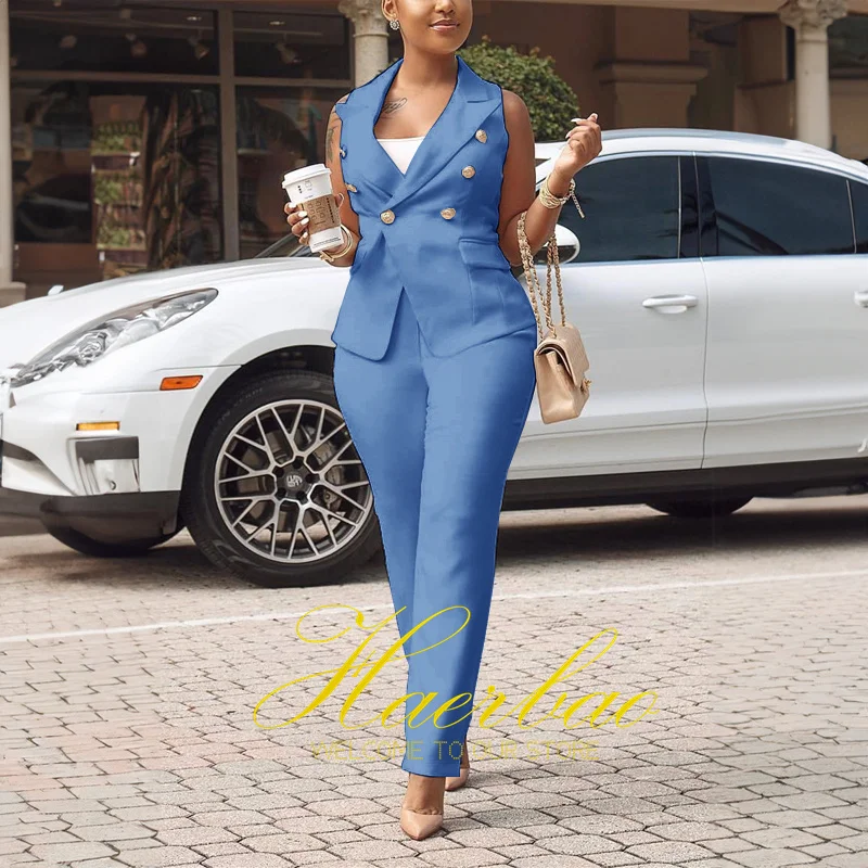 Women's Double Breasted Suit Pants and Vest, Loose Outfit, Office Workwear for Ladies, Fashion, 2Pcs