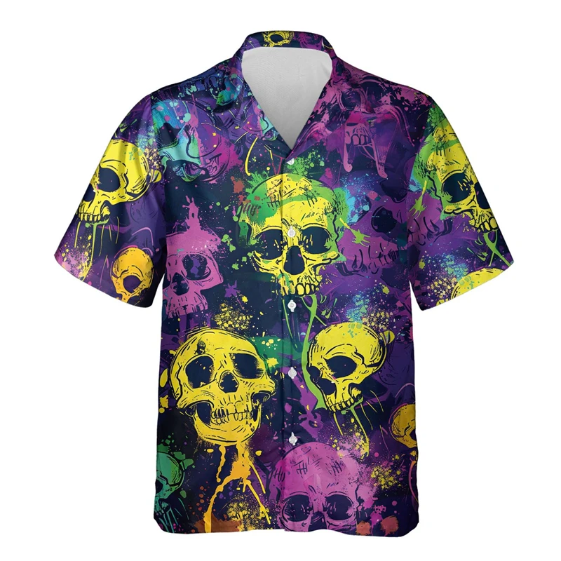 

Abstract Skull Graphic Lapel Blouse Hip Hop Male Shirts For Men Clothes Goth Skeleton Short Sleeve Funny Flower Skulls Lapel Top